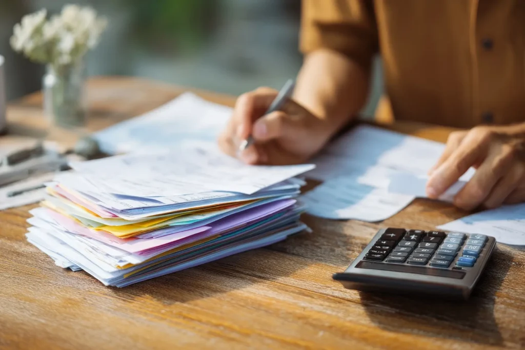 Person organizing bills and paperwork while learning about Chapter 7 bankruptcy qualifications